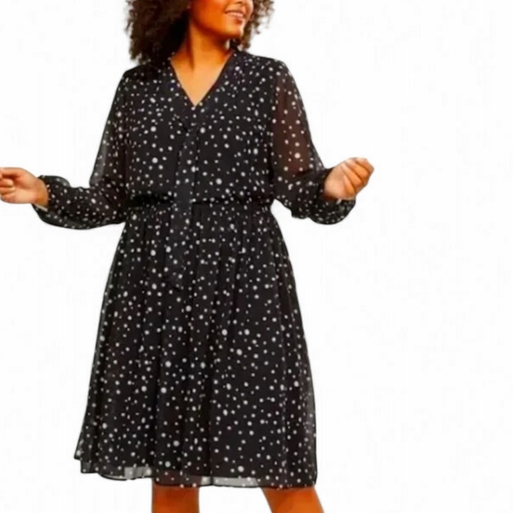 ❤💋💘 Lane Bryant Polka Dot Tie-Neck Fit & Flare Dress 💘💋❤ - Picture 2 of 5